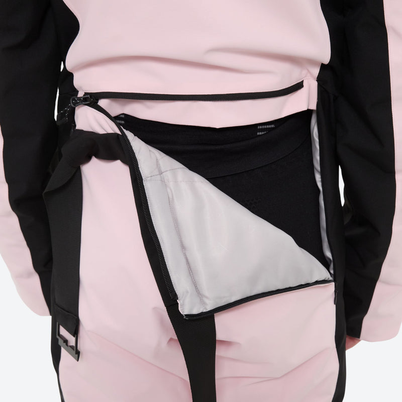 Women's one-piece snowboard suit with waist belt - pink, waist pocket open close-up detail, for skiing and snowboarding