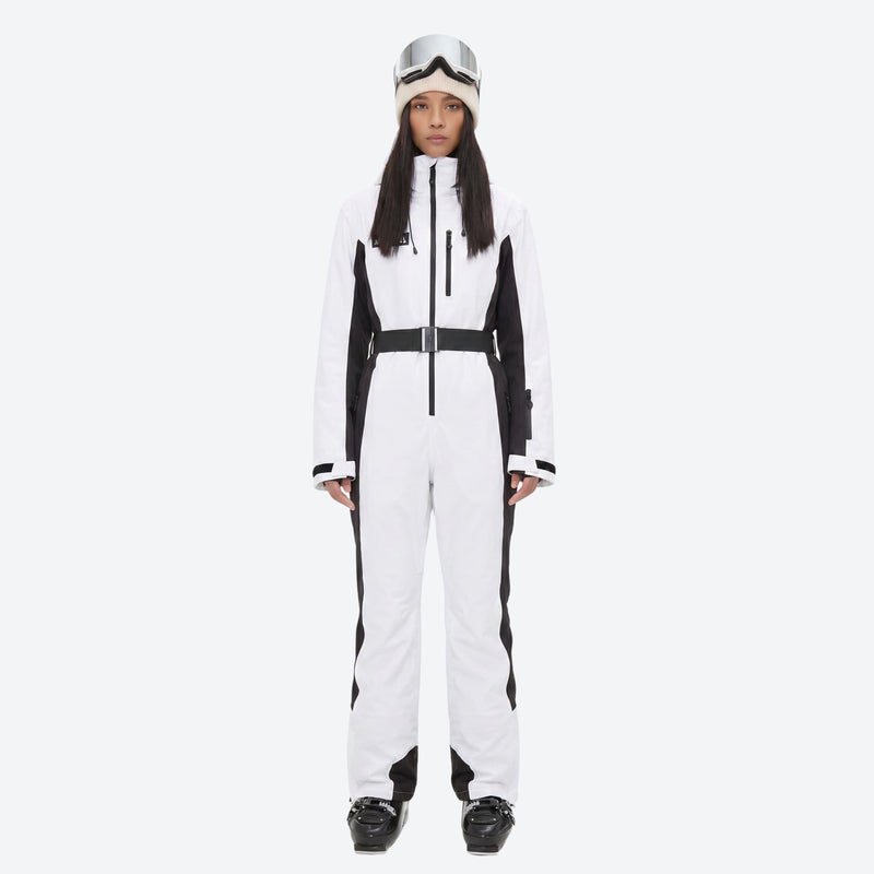 Women's breathable colorblock jumpsuit ski suit - white black one-piece snow suit, for resort and backcountry days