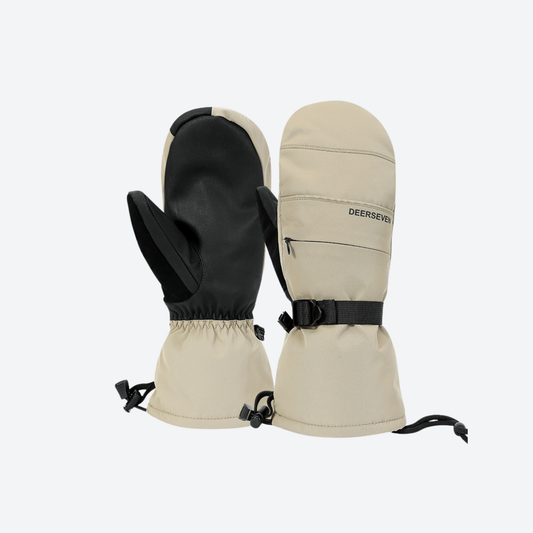 Insulated kevlar ski mittens for cold days - beige and black kevlar snow mittens, pair front view, for snow sports weekends