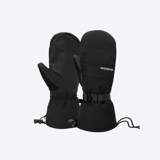 Water-repellent kevlar mittens for snow sports - black kevlar snow mittens, pair front view, for winter mountain trips