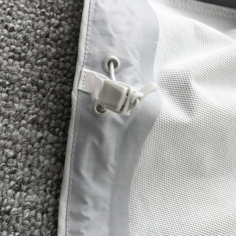 Men's lightweight stretch softshell jacket - white, hem drawstring toggle close-up detail, for spring and autumn layers