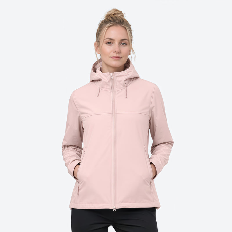 Women's breathable softshell outdoor jacket - pink softshell jacket, on-model front view, for travel and daily commute