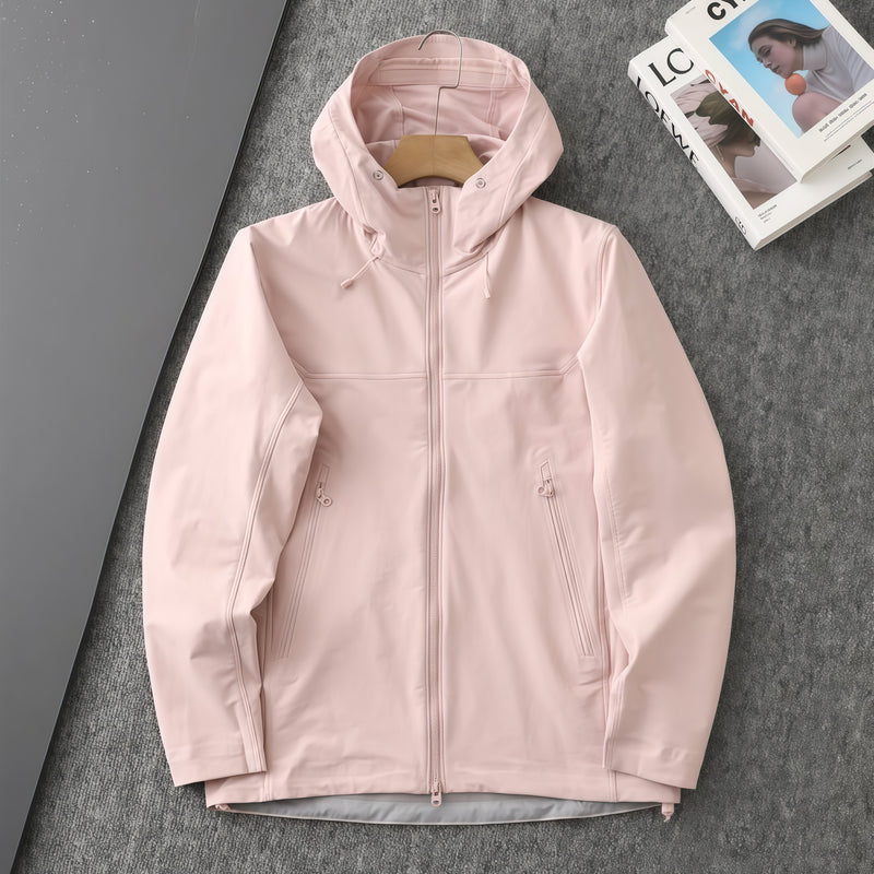 Women's breathable softshell outdoor jacket - pink softshell jacket, flat lay front view, for hiking and trekking