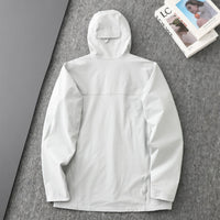 
                  
                    Men's breathable water-repellent softshell shell - white softshell jacket, flat lay back view, for hiking and trekking
                  
                