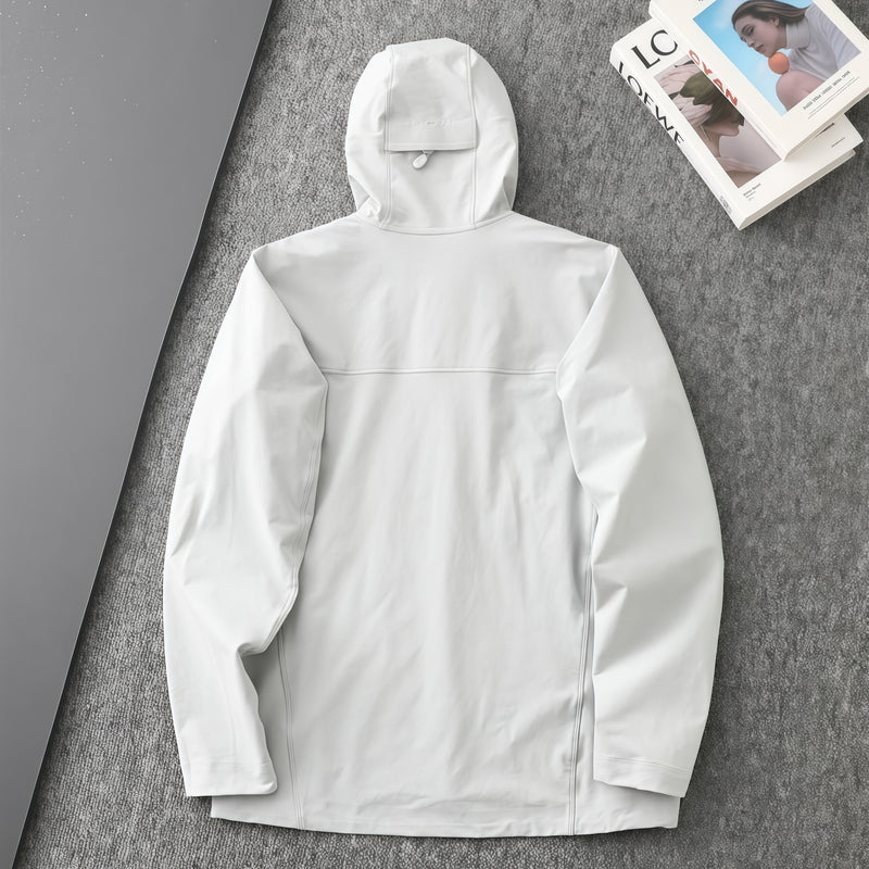 Men's breathable water-repellent softshell shell - white softshell jacket, flat lay back view, for hiking and trekking