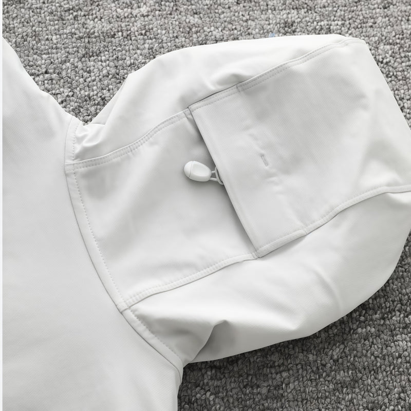 Men's waterproof softshell jacket - white, hood snap close-up detail, for camping and outdoor wear