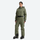 Women's 3L one-piece ski suit with hood - olive 3l one-piece ski suit on women, front standing view, for snow sports weekends