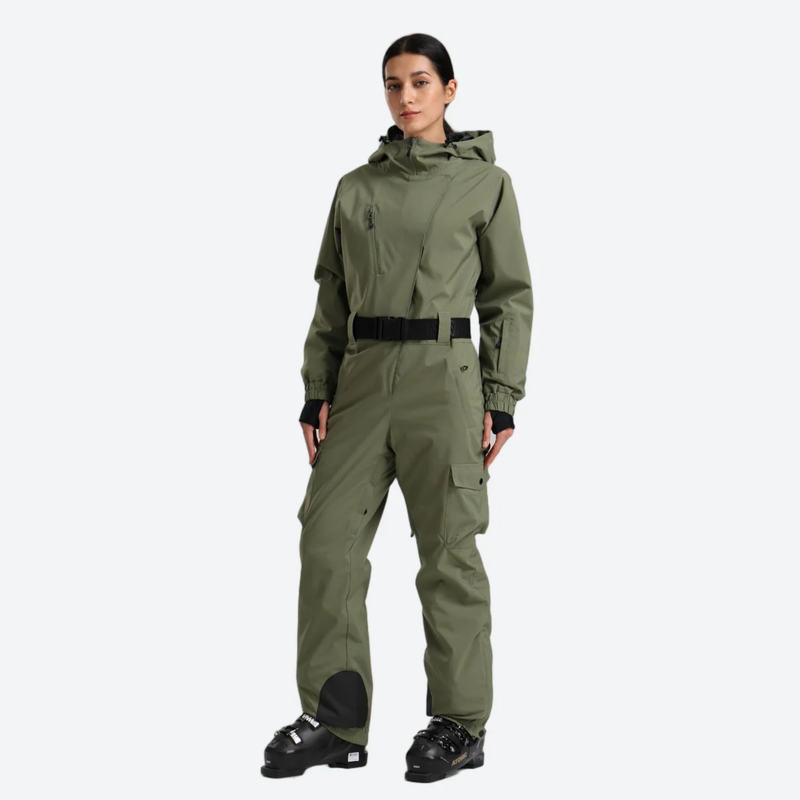 Women's 3L one-piece ski suit with hood - olive 3l one-piece ski suit on women, front standing view, for snow sports weekends
