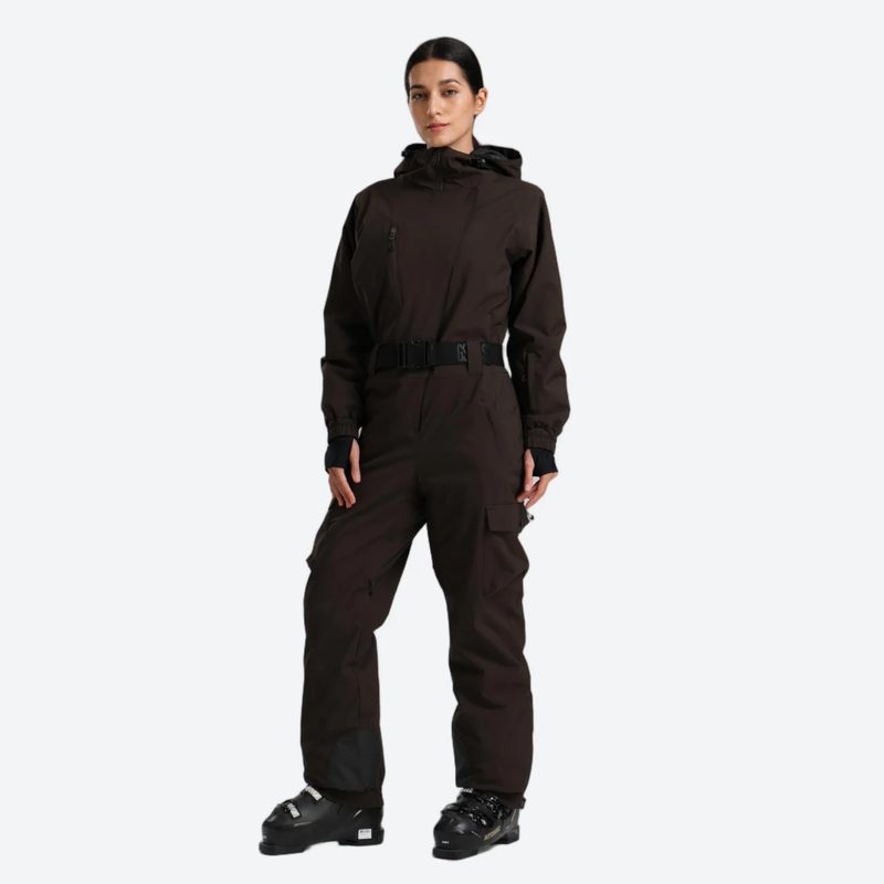 Women's minimal one-piece ski suit for snow days - brown 3l one-piece ski suit on women, for resort ski days