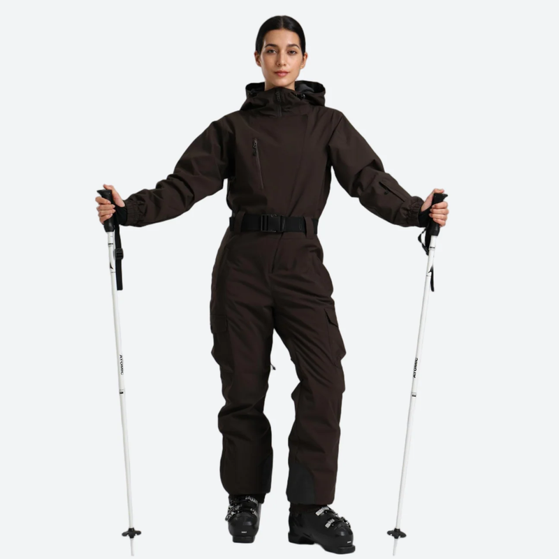 Women's minimal one-piece ski suit for snow days - brown 3l one-piece ski suit on women, for skiing and snowboarding