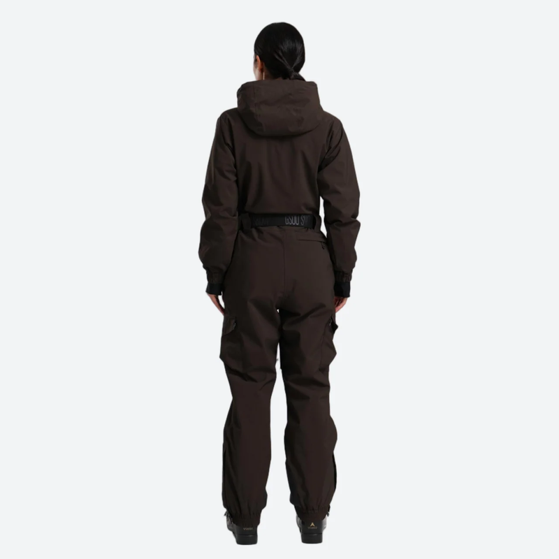 Women's belted one-piece ski suit for resort - brown 3l one-piece ski suit on women, for snow sports weekends