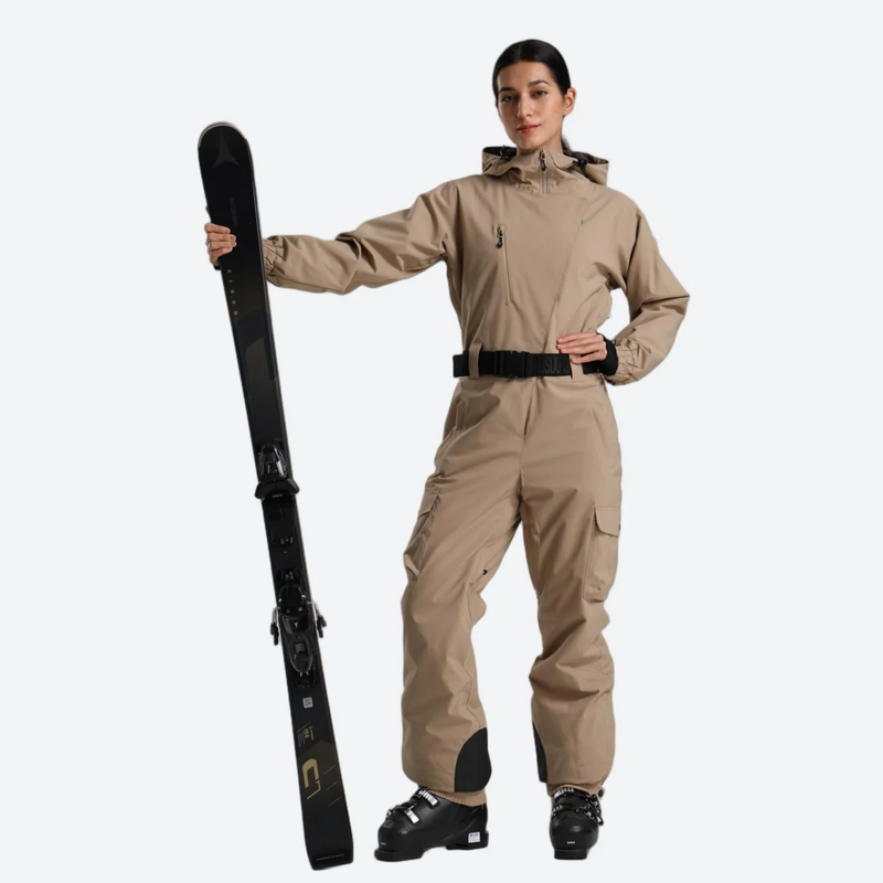 Women's 3L one-piece ski suit with hood - khaki 3l one-piece ski suit on women, for skiing and snowboarding