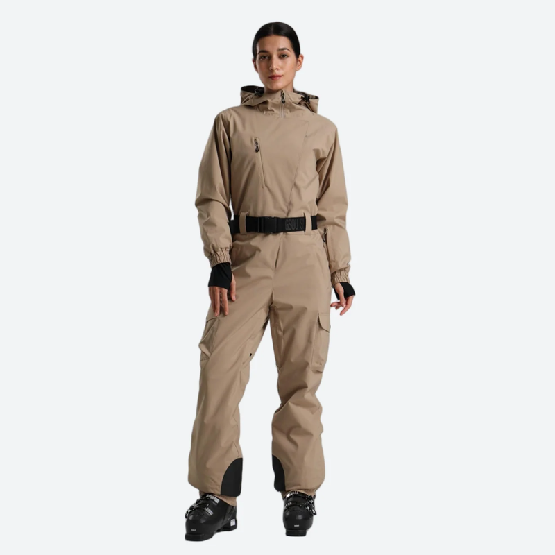 Women's minimal one-piece ski suit for snow days - khaki 3l one-piece ski suit on women, for snow sports weekends