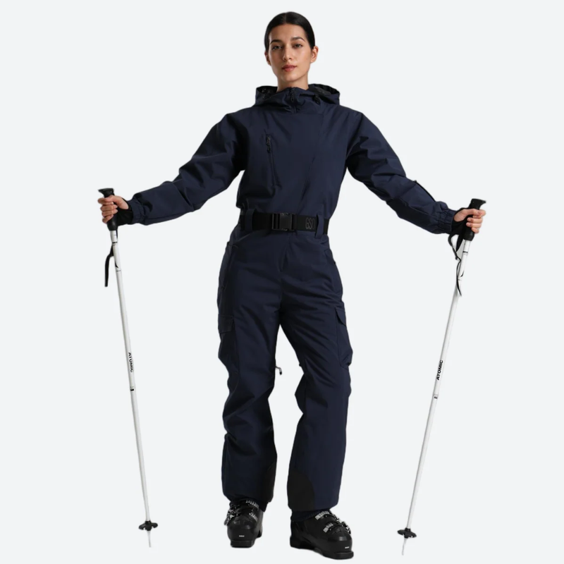 Women's 3L one-piece ski suit with hood - navy 3l one-piece ski suit on women, for skiing and snowboarding