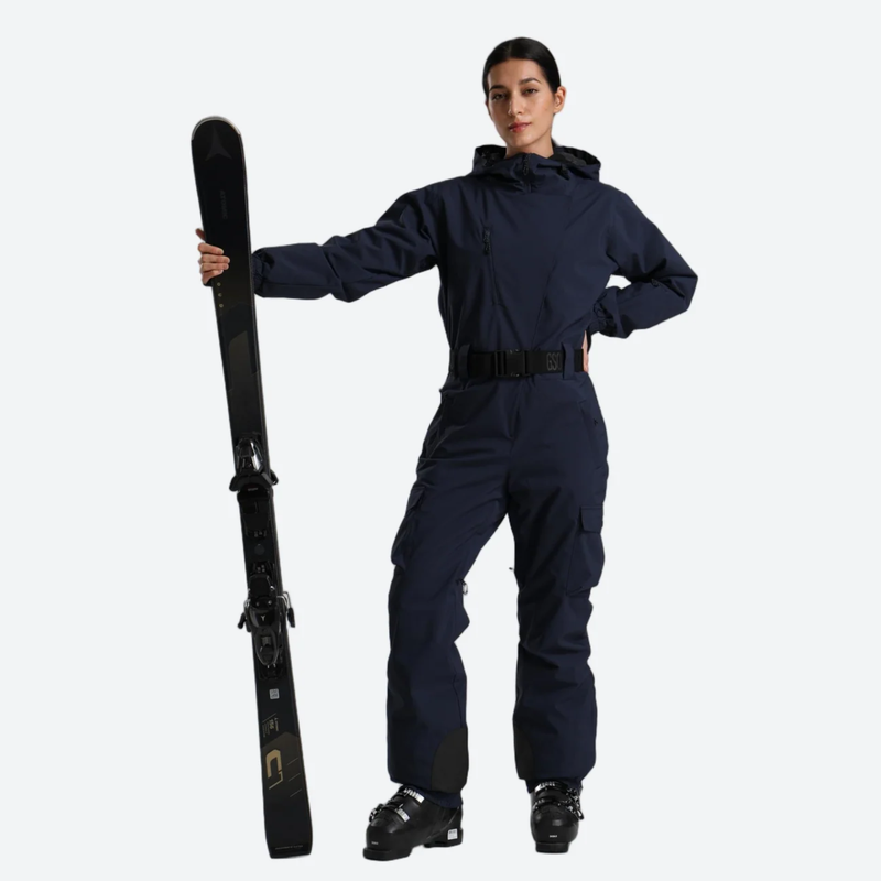 Women's 3L one-piece ski suit with hood - navy 3l one-piece ski suit on women, 3l fabric blocks wind and wet