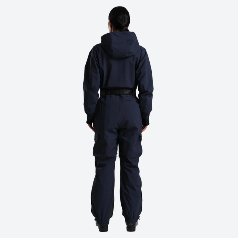 Women's 3L one-piece ski suit with hood - navy 3l one-piece ski suit on women, back standing view, for snow sports weekends
