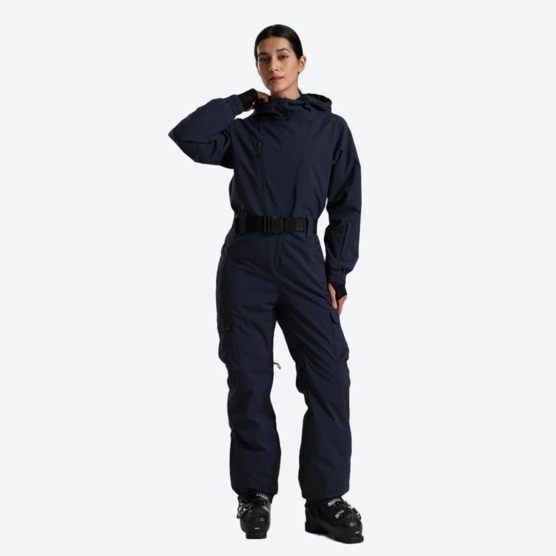 Women's belted one-piece ski suit for resort - navy 3l one-piece ski suit on women, for winter mountain trips