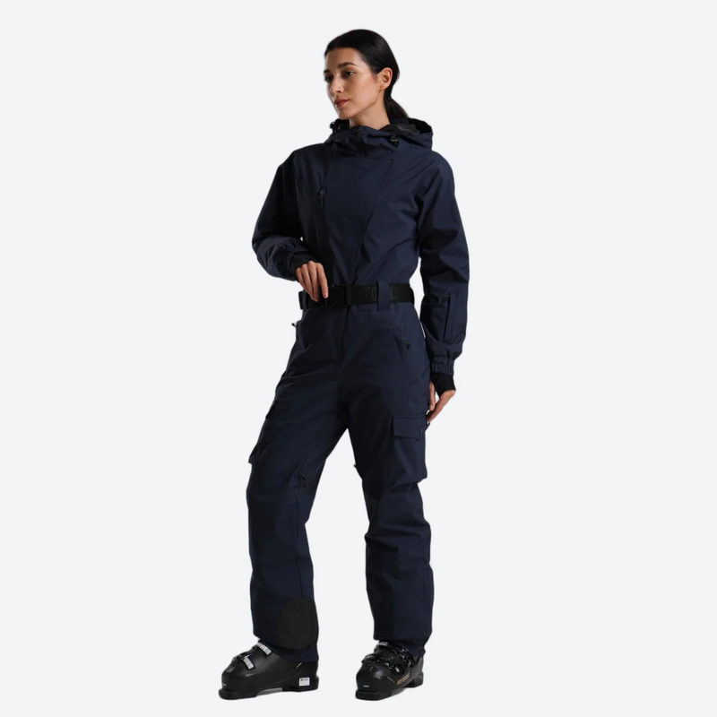 Women's minimal one-piece ski suit for snow days - navy 3l one-piece ski suit on women, for resort ski days