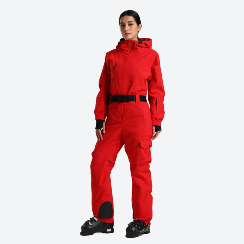 Women's belted one-piece ski suit for resort - red 3l one-piece ski suit on women, for skiing and snowboarding