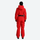 Women's 3L one-piece ski suit with hood - red 3l one-piece ski suit on women, back standing view, for winter mountain trips