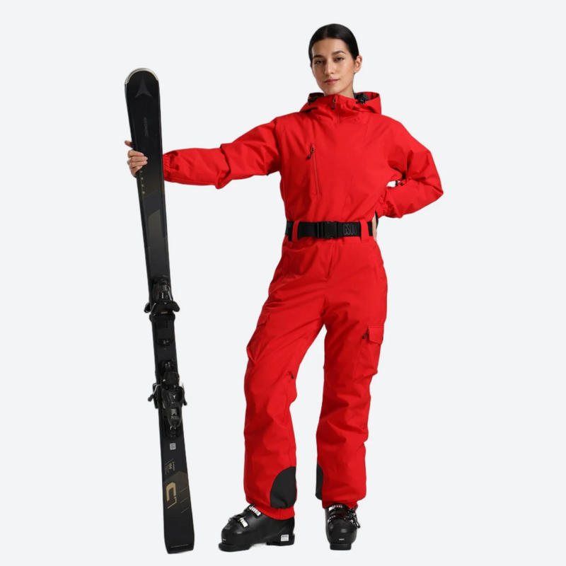 Women's belted one-piece ski suit for resort - red 3l one-piece ski suit on women, for resort ski days