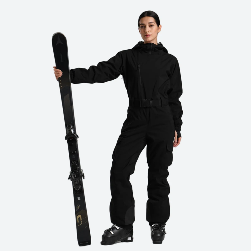 Women's belted one-piece ski suit for resort - black 3l one-piece ski suit on women, for skiing and snowboarding