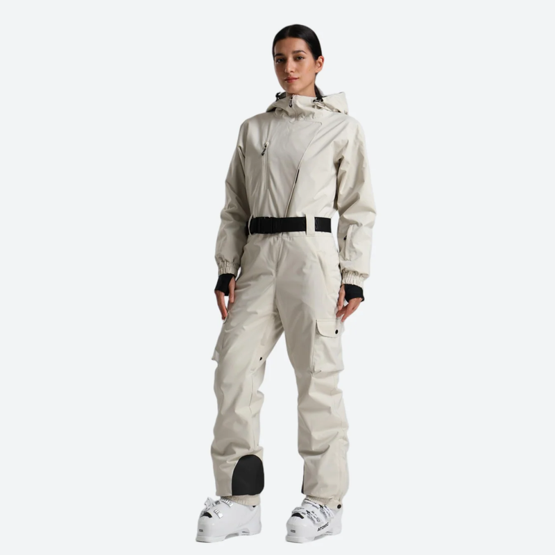 Women's belted one-piece ski suit for resort - cream white 3l one-piece ski suit on women, for winter mountain trips
