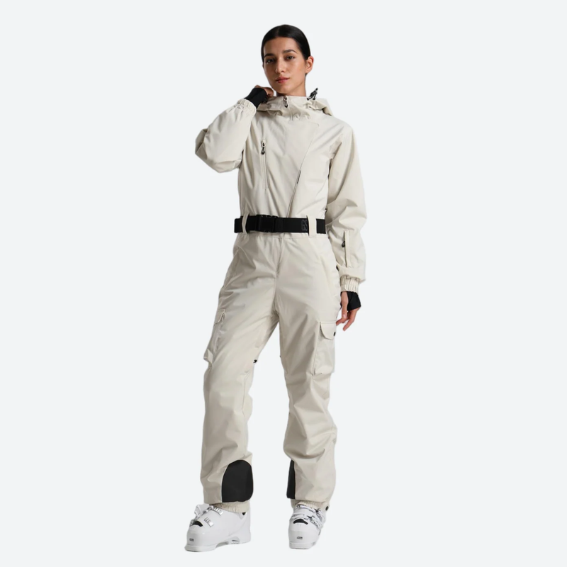 Women's 3L one-piece ski suit with hood - cream white 3l one-piece ski suit on women, for winter mountain trips