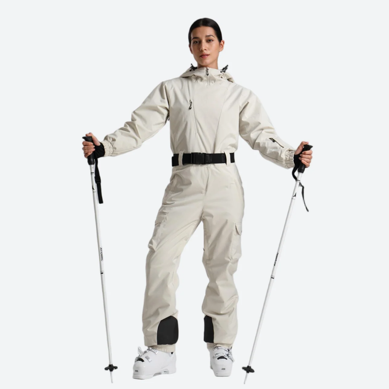 Women's belted one-piece ski suit for resort - cream white 3l one-piece ski suit on women, for resort ski days