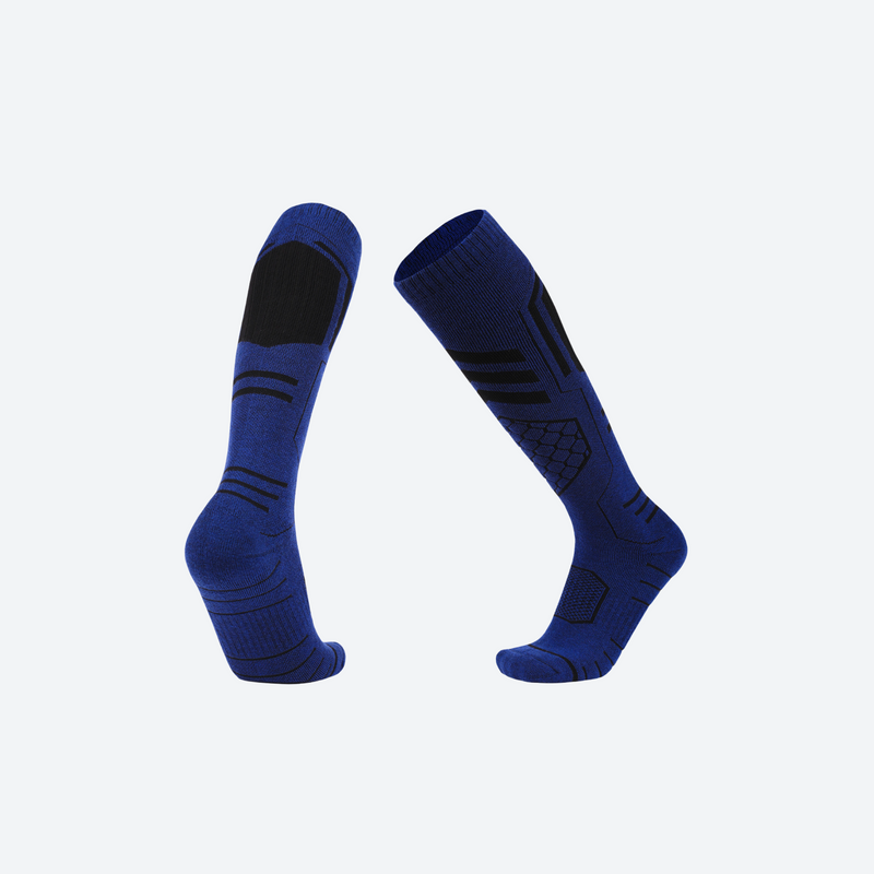 Breathable knee-high merino ski socks - navy blue compression merino ski socks, pair view, for hiking and trail walking