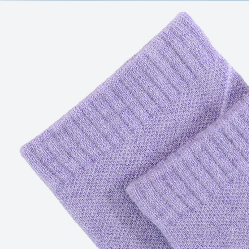 Compression merino wool ski socks - lavender compression merino ski socks, cuff rib close-up, for hiking and trail walking