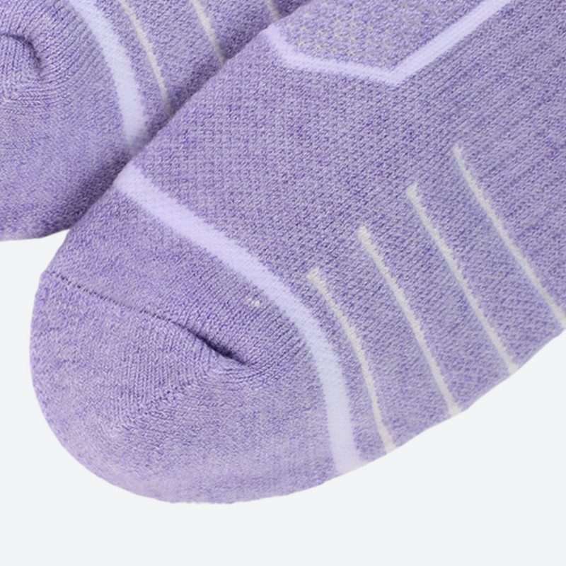 Breathable knee-high merino ski socks - lavender compression merino ski socks, toe close-up, for cold-weather training