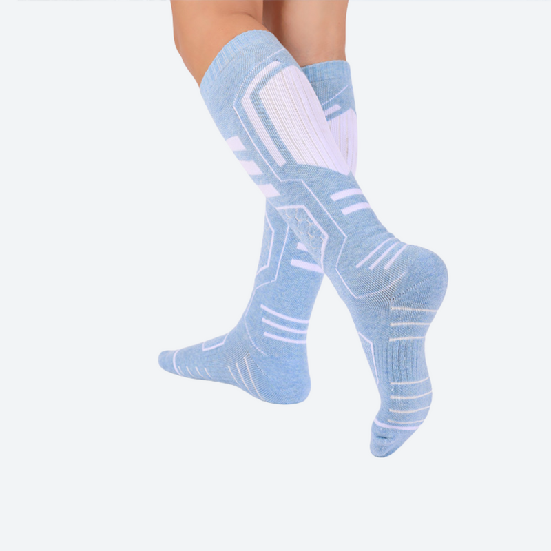 Cushioned compression socks for snow sports - compression merino ski socks on feet, for hiking and trail walking