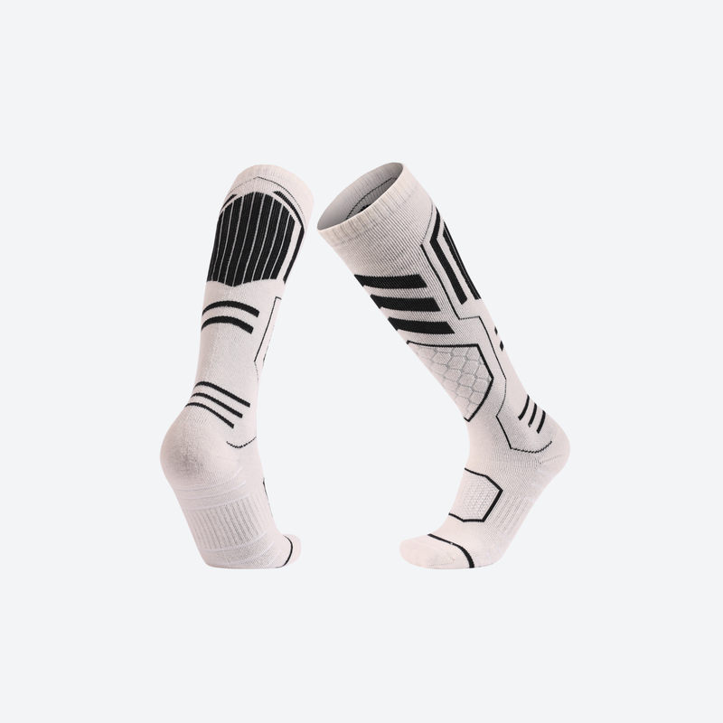 Breathable knee-high merino ski socks - compression merino ski socks, pair view in white black, for winter snow sports