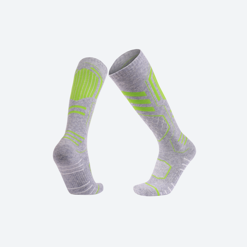 Compression merino wool ski socks - compression merino ski socks, pair view in gray lime, for cold-weather training