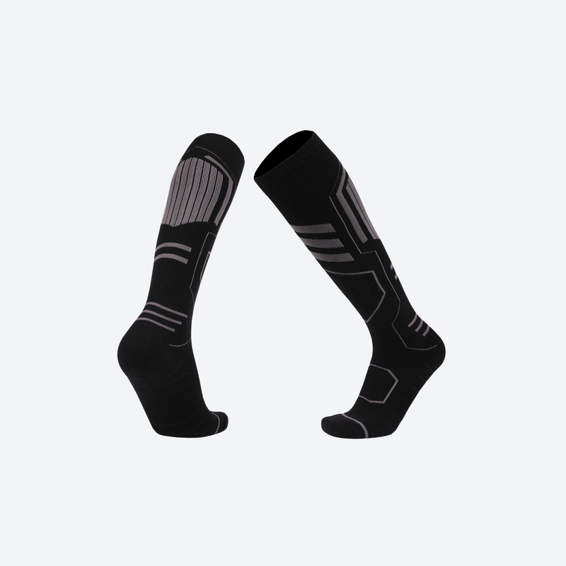 Cushioned compression socks for snow sports - black gray compression merino ski socks, pair view, for cold-weather training