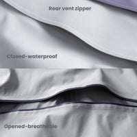 
                  
                    Breathable rain shell with extended hood brim - light gray, rear vent zipper infographic, for resort and street wear
                  
                