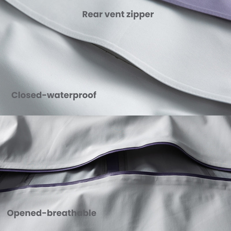 Breathable rain shell with extended hood brim - light gray, rear vent zipper infographic, for resort and street wear