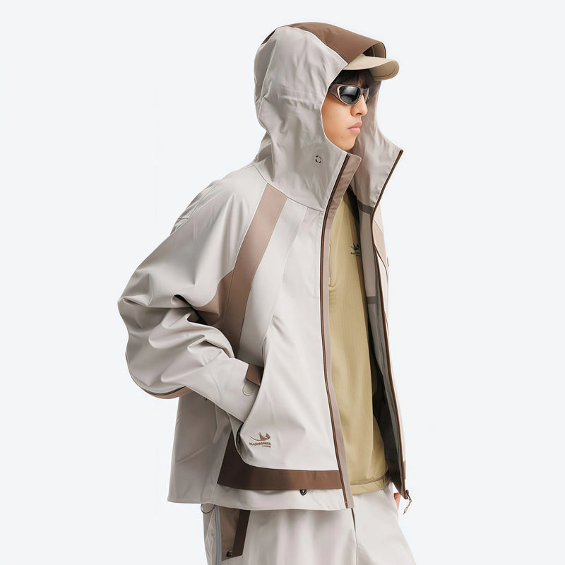 Breathable rain shell with extended hood brim - beige gray waterproof jacket, for skiing and snowboarding