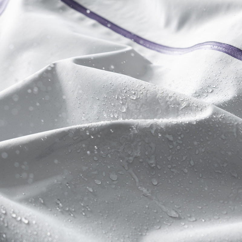 Breathable rain shell with extended hood brim - light gray, for cold-weather outdoor wear