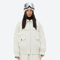 
                  
                    Sherpa collar breathable ski jacket set - white jacket, on-model front view, for resort and street wear
                  
                