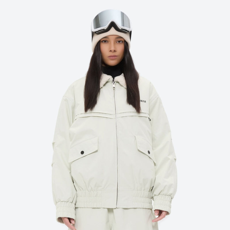 Sherpa collar breathable ski jacket set - white jacket, on-model front view, for resort and street wear