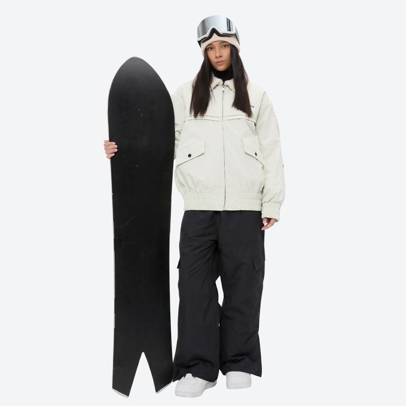 Sherpa collar breathable ski jacket set - white jacket with black pants, for resort and street wear