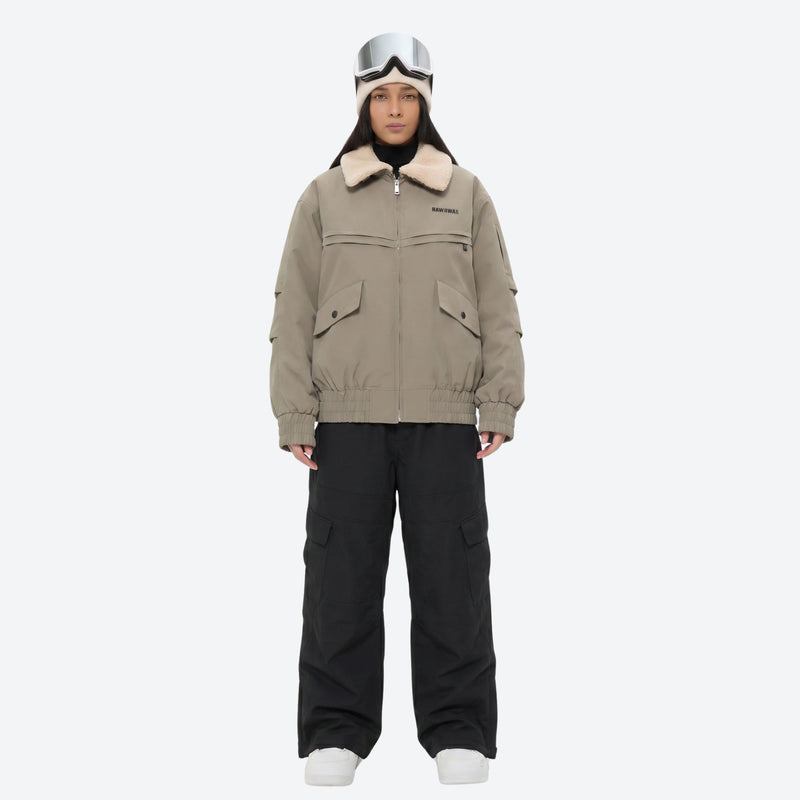 Sherpa collar breathable ski jacket set - tan jacket with black pants, for cold-weather winter sports