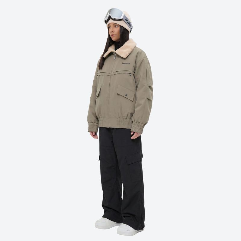 Sherpa collar breathable ski jacket set - tan jacket with black pants, for powder days and winter commute