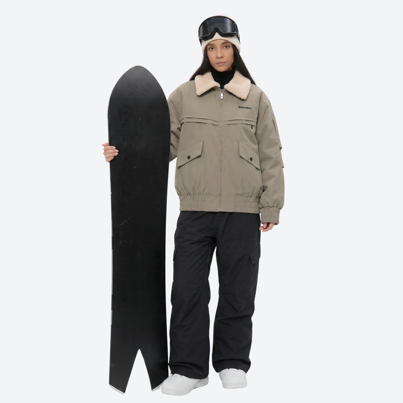Unisex 3-layer snowboard jacket and pants - tan jacket with black pants, for skiing and snowboarding