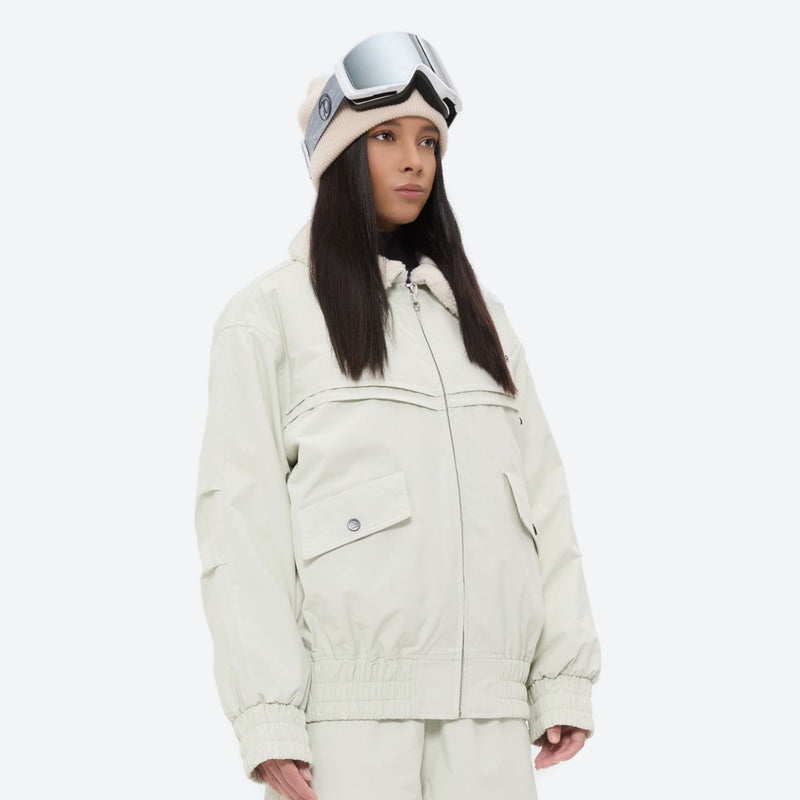 Sherpa collar breathable ski jacket set - white jacket, on-model three-quarter front view, for skiing and snowboarding