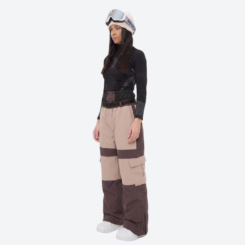 Unisex waterproof 3L snow jacket and pants series - tan and brown colorblock snow pants with black top, on-model front view