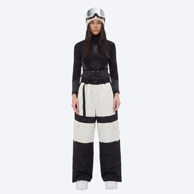 Unisex waterproof 3L snow jacket and pants series - white and black colorblock snow pants with black top, on-model front view