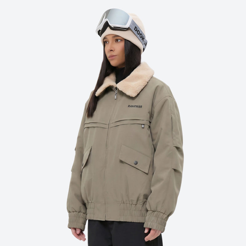 Unisex 3-layer snowboard jacket and pants - tan jacket with sherpa collar, for resort and street wear